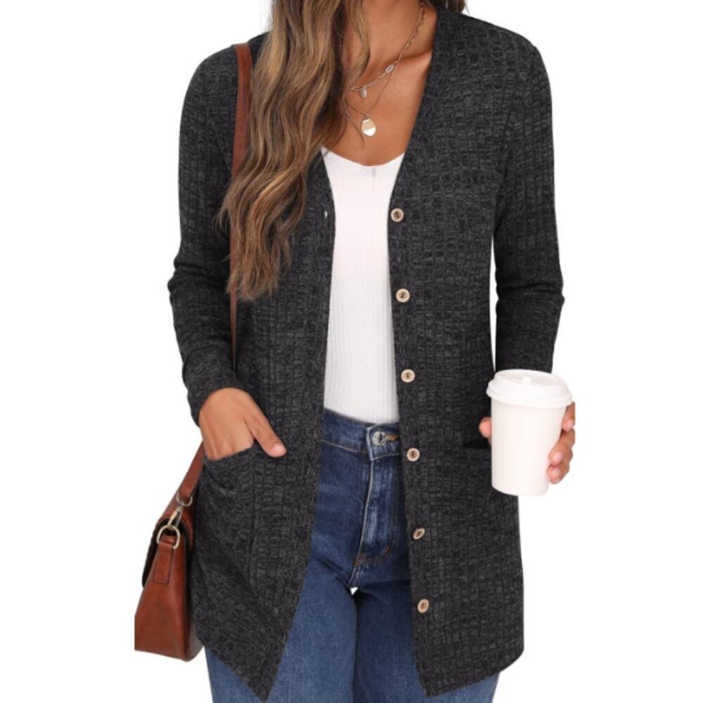 Grecerelle Women's Dark Gray Ribbed Lightweight Knit Outerwear Cardigan Size L - Picture 3 of 7